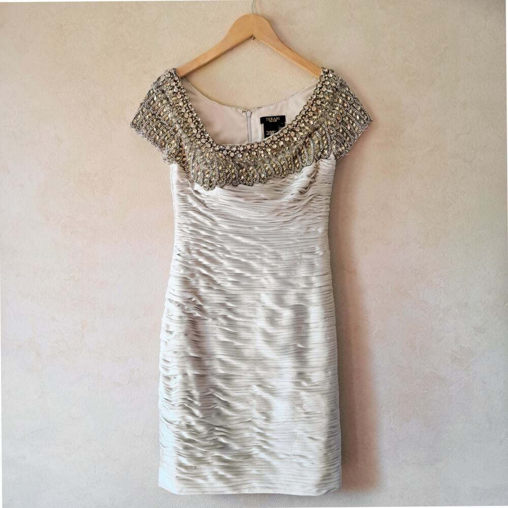 NEW TERANI COUTURE C1042 Cocktail Dress Size 8 Light Silver Beaded Ruched $658 - Picture 11 of 15